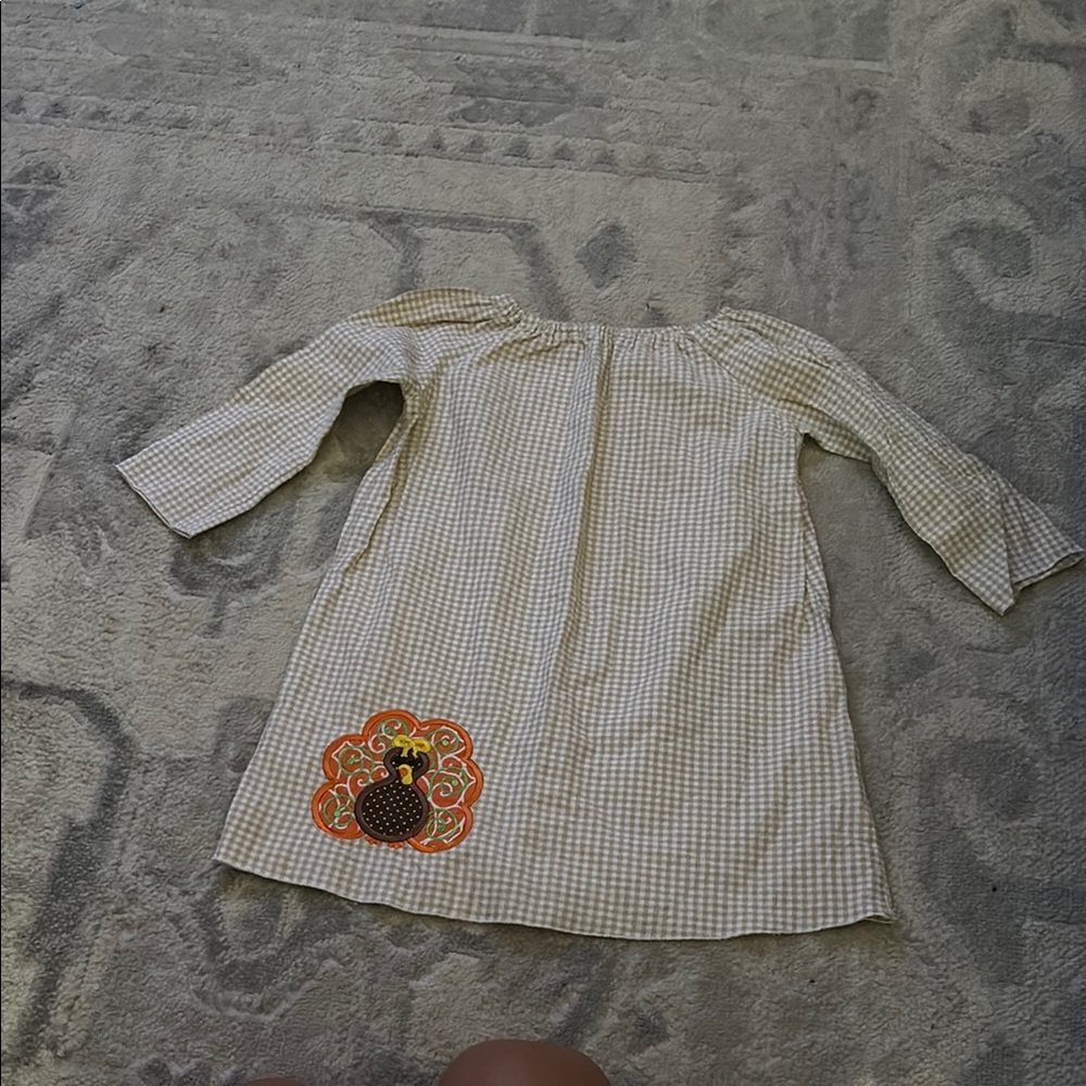 Lolly Wolly Doodle Beige Checkered Kids Dress with Orange and Brown Design
